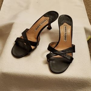 Manolo Blahnik Black Lizard Kitten Heel Sandals